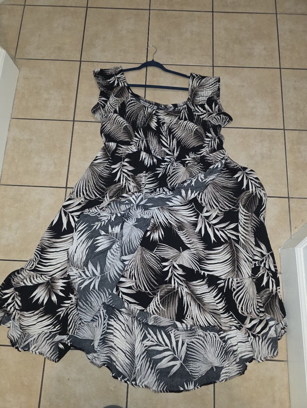Black Tropical Leaf Print Ruffled Hem Dress Off Shoulder
